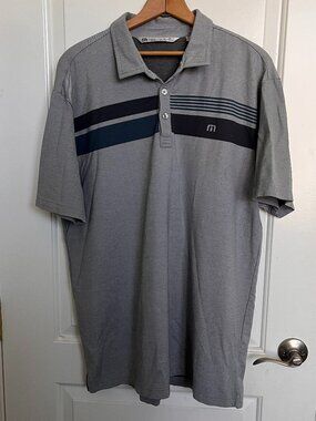 Travis Mathew Men's Polo Short Sleeve Gray Golf Navy/Black Stripe XL